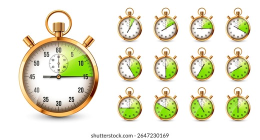 Realistic classic stopwatch. Shiny golden metal chronometer, time counter with dial. Green countdown timer showing minutes and seconds. Time measurement for sport, start, finish. Vector illustration