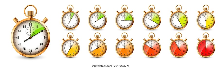 Cronômetro clássico realista. Brilhante cronômetro de metal dourado, contador de tempo com mostrador. Temporizador de contagem regressiva colorido mostrando minutos, segundos. Medição de tempo para esporte, início, fim. Ilustração vetorial