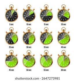 Realistic classic stopwatch. Shiny golden metal chronometer, time counter with dial. Green countdown timer showing minutes and seconds. Time measurement for sport, start, finish. Vector illustration