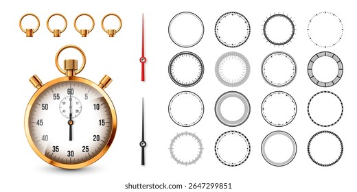 Realistic classic stopwatch. Shiny golden metal chronometer, time counter with dial. Countdown timer showing minutes and seconds. Time measurement for sport, start, finish. Vector illustration