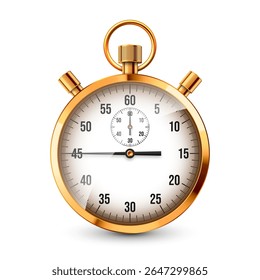 Realistic classic stopwatch. Shiny golden metal chronometer, time counter with dial. Countdown timer showing minutes and seconds. Time measurement for sport, start, finish. Vector illustration