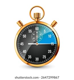 Realistic classic stopwatch. Shiny golden metal chronometer, time counter with dial. Blue countdown timer showing minutes and seconds. Time measurement for sport, start, finish. Vector illustration