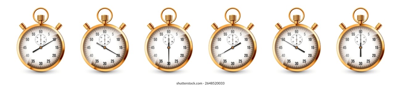Realistic classic stopwatch. Shiny golden metal chronometer, time counter with dial. Countdown timer showing minutes and seconds. Time measurement for sport, start, finish. Vector illustration