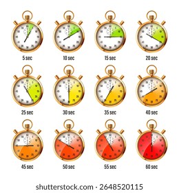 Realistic classic stopwatch. Shiny golden metal chronometer, time counter with dial. Colorful countdown timer showing minutes, seconds. Time measurement for sport, start, finish. Vector illustration