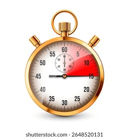 Realistic classic stopwatch. Shiny golden metal chronometer, time counter with dial. Red countdown timer showing minutes and seconds. Time measurement for sport, start, finish. Vector illustration