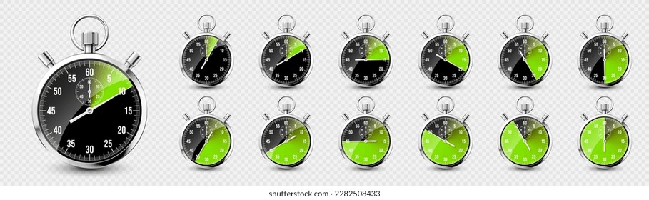 Realistic classic stopwatch. Shiny metal chronometer, time counter with dial. Green countdown timer showing minutes and seconds. Time measurement for sport, start and finish. Vector illustration