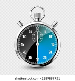 Realistic classic stopwatch. Shiny metal chronometer, time counter with dial. Blue countdown timer showing minutes and seconds. Time measurement for sport, start and finish. Vector illustration