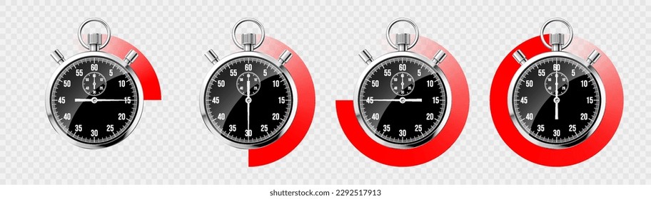 Un cronómetro clásico realista. Cronómetro de metal brillante, contador de tiempo negro con dial. Temporizador de cuenta atrás rojo que muestra minutos y segundos. Medición del tiempo para deporte, inicio y fin. Ilustración del vector