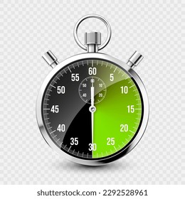 Realistic classic stopwatch. Shiny metal chronometer, time counter with dial. Green countdown timer showing minutes and seconds. Time measurement for sport, start and finish. Vector illustration