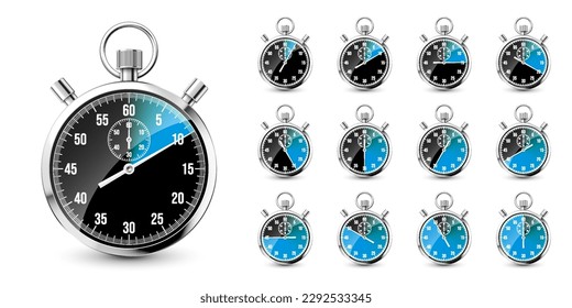 Realistic classic stopwatch. Shiny metal chronometer, time counter with dial. Blue countdown timer showing minutes and seconds. Time measurement for sport, start and finish. Vector illustration