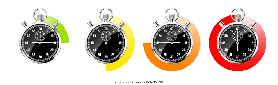 Realistic classic stopwatch. Shiny metal chronometer, black time counter with dial. Colorful countdown timer showing minutes, seconds. Time measurement for sport, start or finish. Vector illustration