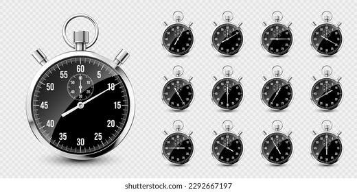 Realistic classic stopwatch. Shiny metal chronometer, time counter with dial. Countdown timer showing minutes and seconds. Time measurement for sport, start and finish. Vector illustration