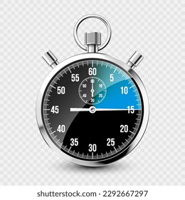 Realistic classic stopwatch. Shiny metal chronometer, time counter with dial. Blue countdown timer showing minutes and seconds. Time measurement for sport, start and finish. Vector illustration
