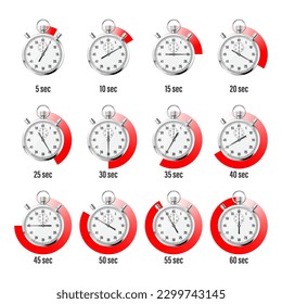 Realistic classic stopwatch. Shiny metal chronometer, time counter with dial. Red countdown timer showing minutes and seconds. Time measurement for sport, start and finish. Vector illustration