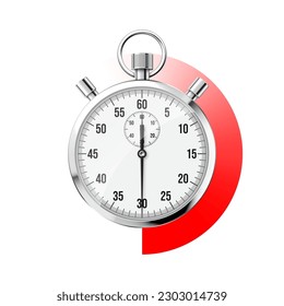Realistic classic stopwatch. Shiny metal chronometer, time counter with dial. Red countdown timer showing minutes and seconds. Time measurement for sport, start and finish. Vector illustration