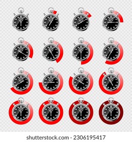 Realistic classic stopwatch. Shiny metal chronometer, black time counter with dial. Red countdown timer showing minutes and seconds. Time measurement for sport, start and finish. Vector illustration