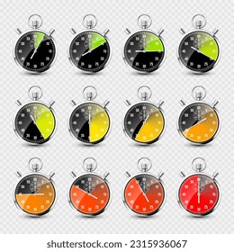 Realistic classic stopwatch. Shiny metal chronometer, time counter with dial. Colorful countdown timer showing minutes and seconds. Time measurement for sport, start and finish. Vector illustration