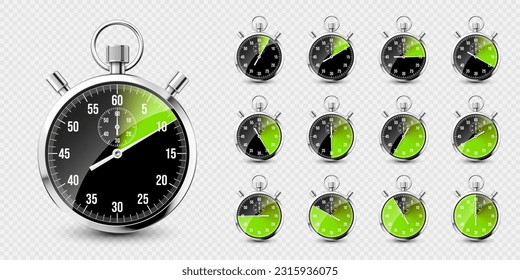 Realistic classic stopwatch. Shiny metal chronometer, time counter with dial. Green countdown timer showing minutes and seconds. Time measurement for sport, start and finish. Vector illustration