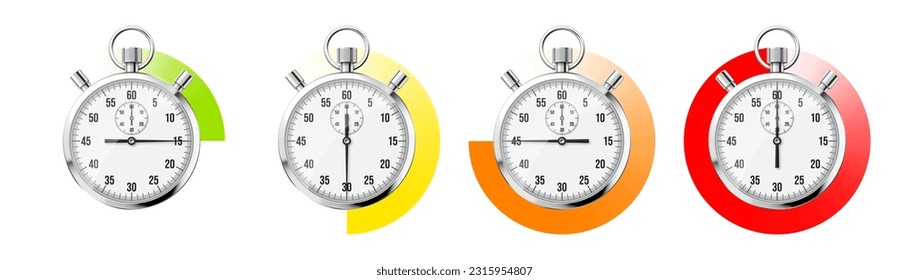 Realistic classic stopwatch. Shiny metal chronometer, time counter with dial. Colorful countdown timer showing minutes and seconds. Time measurement for sport, start and finish. Vector illustration