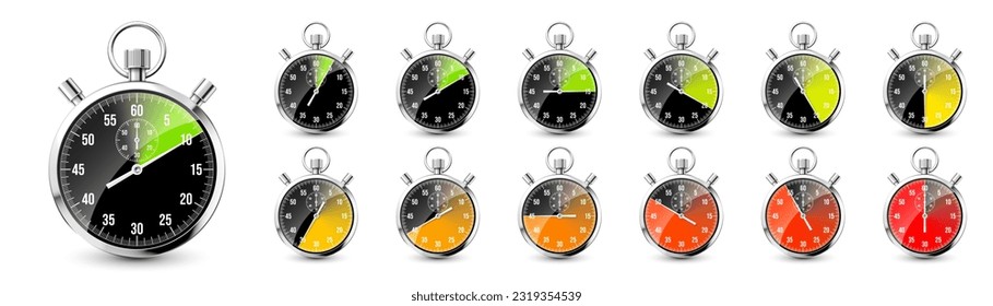 Realistic classic stopwatch. Shiny metal chronometer, time counter with dial. Colorful countdown timer showing minutes and seconds. Time measurement for sport, start and finish. Vector illustration