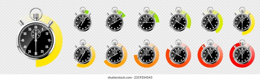 Realistic classic stopwatch. Shiny metal chronometer, black time counter with dial. Colorful countdown timer showing minutes, seconds. Time measurement for sport, start or finish. Vector illustration