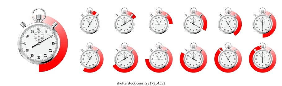 Realistic classic stopwatch. Shiny metal chronometer, time counter with dial. Red countdown timer showing minutes and seconds. Time measurement for sport, start and finish. Vector illustration