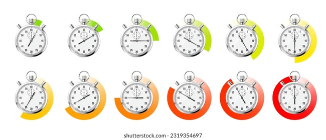 Realistic classic stopwatch. Shiny metal chronometer, time counter with dial. Colorful countdown timer showing minutes and seconds. Time measurement for sport, start and finish. Vector illustration