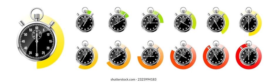 Realistic classic stopwatch. Shiny metal chronometer, black time counter with dial. Colorful countdown timer showing minutes, seconds. Time measurement for sport, start or finish. Vector illustration