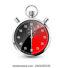 Realistic classic stopwatch. Shiny metal chronometer, time counter with dial. Red countdown timer showing minutes and seconds. Time measurement for sport, start and finish. Vector illustration