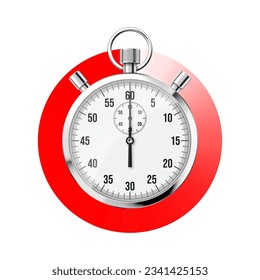 Realistic classic stopwatch. Shiny metal chronometer, time counter with dial. Red countdown timer showing minutes and seconds. Time measurement for sport, start and finish. Vector illustration