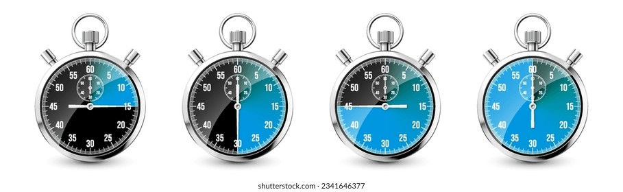 Realistic classic stopwatch. Shiny metal chronometer, time counter with dial. Blue countdown timer showing minutes and seconds. Time measurement for sport, start and finish. Vector illustration