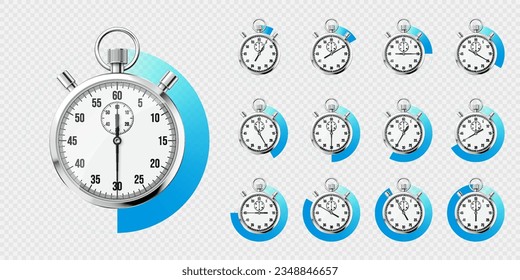 Realistic classic stopwatch. Shiny metal chronometer, time counter with dial. Blue countdown timer showing minutes and seconds. Time measurement for sport, start and finish. Vector illustration