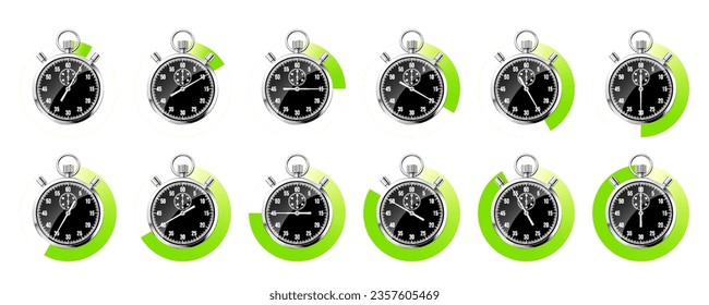 Realistic classic stopwatch. Shiny metal chronometer, black time counter with dial. Green countdown timer showing minutes, seconds. Time measurement for sport, start and finish. Vector illustration