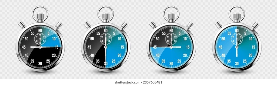 Un cronómetro clásico realista. Cronómetro de metal brillante, contador de tiempo con dial. Temporizador de cuenta atrás azul que muestra minutos y segundos. Medición del tiempo para deporte, inicio y fin. Ilustración del vector