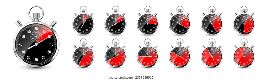 Realistic classic stopwatch. Shiny metal chronometer, time counter with dial. Red countdown timer showing minutes and seconds. Time measurement for sport, start and finish. Vector illustration