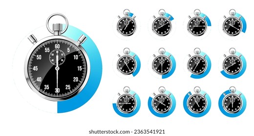 Realistic classic stopwatch. Shiny metal chronometer, black time counter with dial. Blue countdown timer showing minutes and seconds. Time measurement for sport, start and finish. Vector illustration
