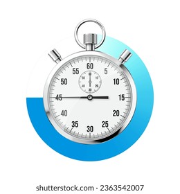 Realistic classic stopwatch. Shiny metal chronometer, time counter with dial. Blue countdown timer showing minutes and seconds. Time measurement for sport, start and finish. Vector illustration