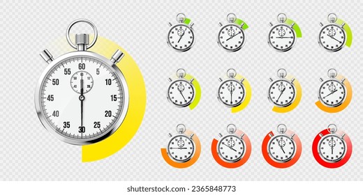 Realistic classic stopwatch. Shiny metal chronometer, time counter with dial. Colorful countdown timer showing minutes and seconds. Time measurement for sport, start and finish. Vector illustration