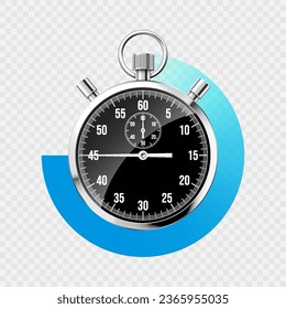 Realistic classic stopwatch. Shiny metal chronometer, black time counter with dial. Blue countdown timer showing minutes and seconds. Time measurement for sport, start and finish. Vector illustration