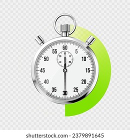 Realistic classic stopwatch. Shiny metal chronometer, time counter with dial. Green countdown timer showing minutes and seconds. Time measurement for sport, start and finish. Vector illustration