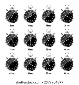 Realistic classic stopwatch. Shiny metal chronometer, time counter with dial. Countdown timer showing minutes and seconds. Time measurement for sport, start and finish. Vector illustration