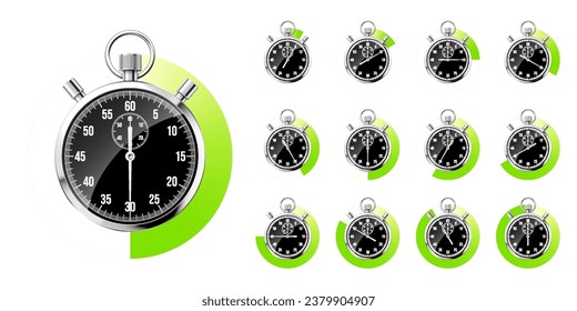 Realistic classic stopwatch. Shiny metal chronometer, black time counter with dial. Green countdown timer showing minutes, seconds. Time measurement for sport, start and finish. Vector illustration