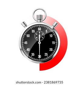 Realistic classic stopwatch. Shiny metal chronometer, black time counter with dial. Red countdown timer showing minutes and seconds. Time measurement for sport, start and finish. Vector illustration