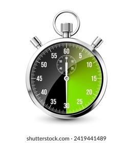 Realistic classic stopwatch. Shiny metal chronometer, time counter with dial. Green countdown timer showing minutes and seconds. Time measurement for sport, start and finish. Vector illustration