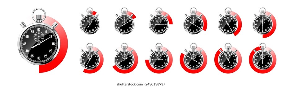 Realistic classic stopwatch. Shiny metal chronometer, black time counter with dial. Red countdown timer showing minutes and seconds. Time measurement for sport, start and finish. Vector illustration