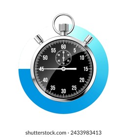 Realistic classic stopwatch. Shiny metal chronometer, black time counter with dial. Blue countdown timer showing minutes and seconds. Time measurement for sport, start and finish. Vector illustration
