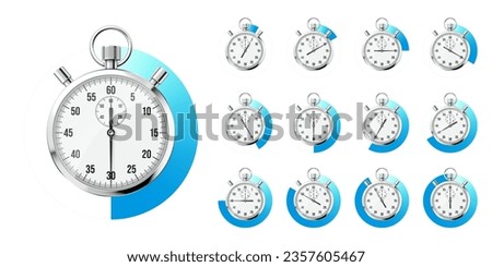 Realistic classic stopwatch. Shiny metal chronometer, time counter with dial. Blue countdown timer showing minutes and seconds. Time measurement for sport, start and finish. Vector illustration