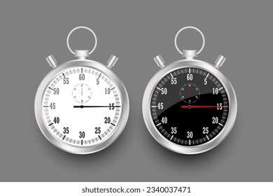 Realistic classic stopwatch. Time counter with dial. Shiny metal chronometer. Countdown timer minutes and seconds. Vector illustration. Eps 10.