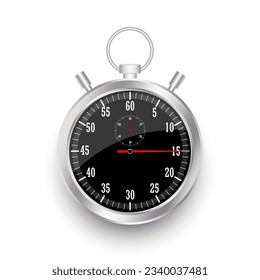 Realistic classic stopwatch. Time counter with dial. Shiny metal chronometer. Countdown timer minutes and seconds. Vector illustration. Eps 10.