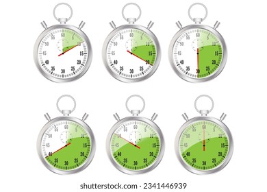 Realistic classic stopwatch. Time counter with dial. Shiny metal chronometer. Countdown timer minutes and seconds. Vector illustration. Eps 10.